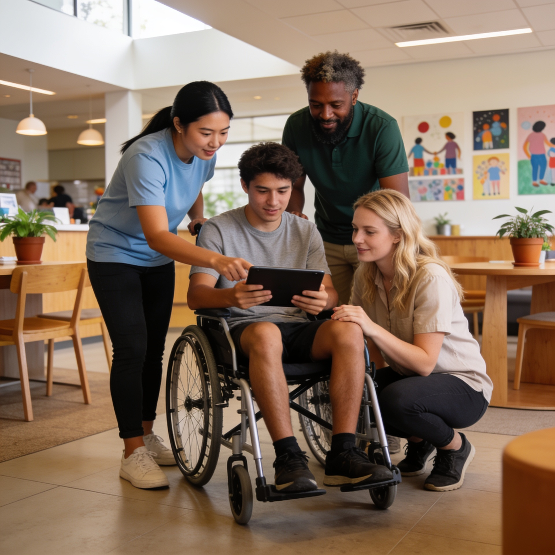 Professional group of care workers collaborating in a community service environment