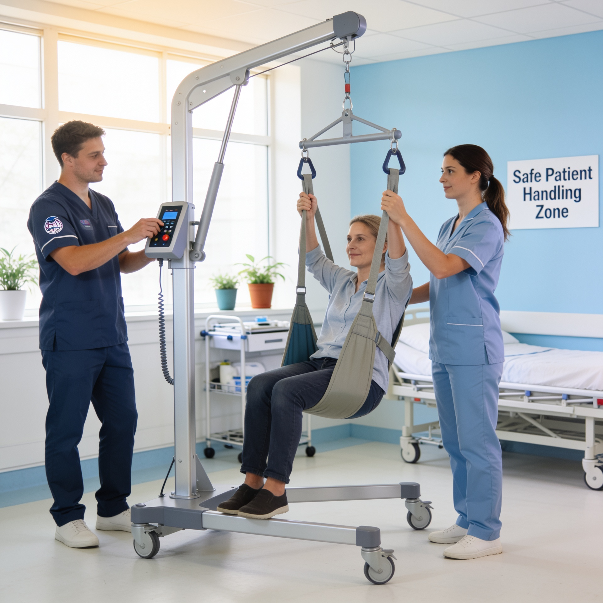 Care professionals demonstrating safe manual handling and workplace safety techniques