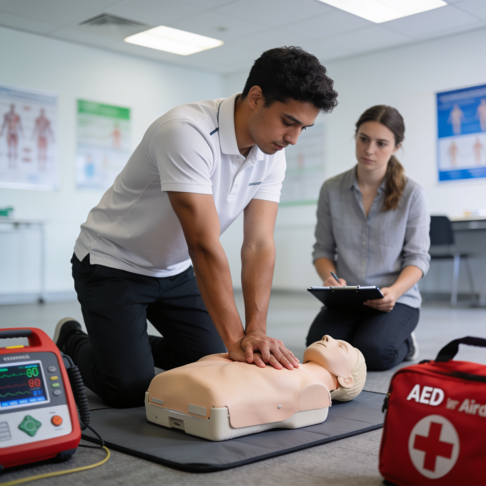 A diverse group of students practicing CPR techniques in a professional training environment