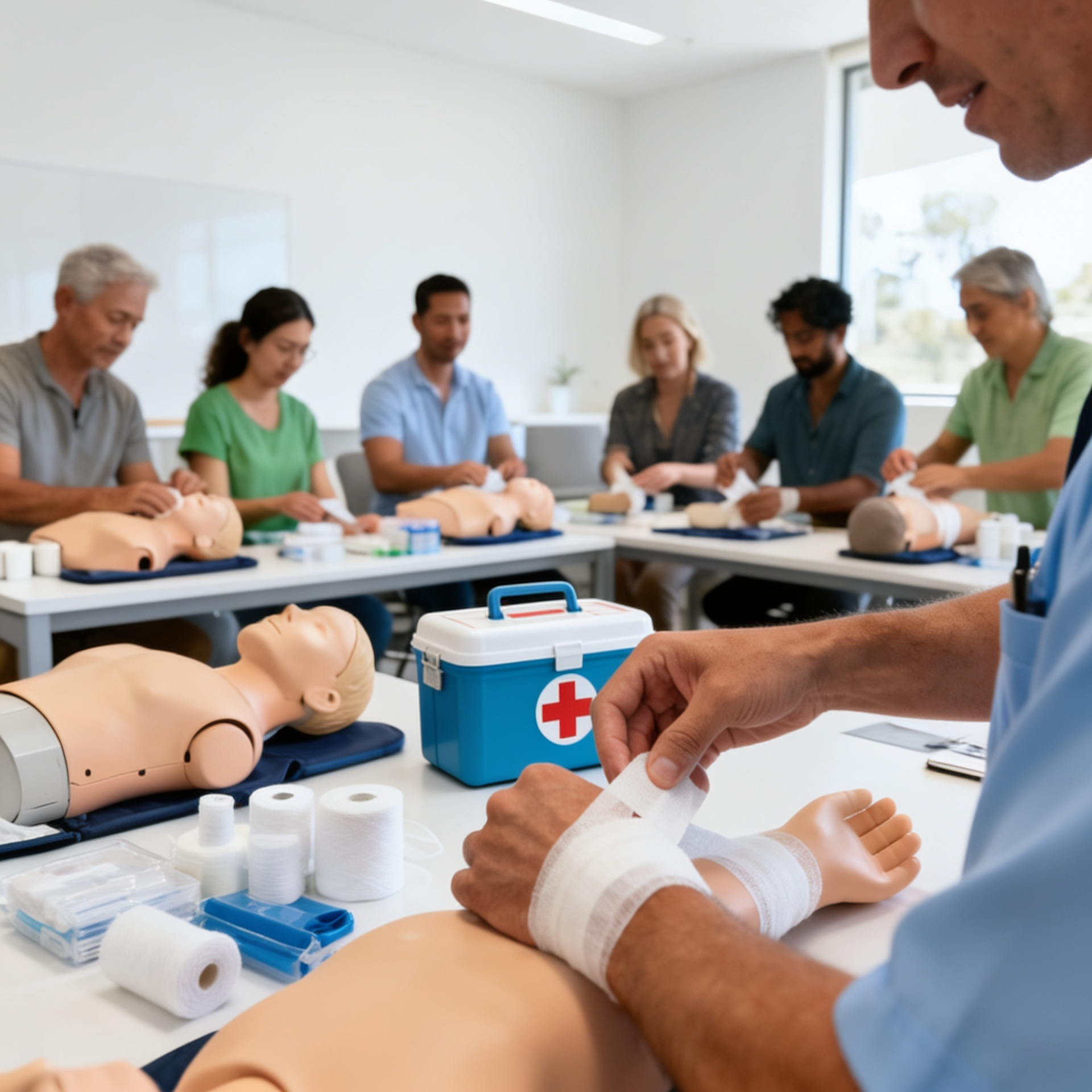 Professional first aid training session showing CPR practice on a manikin